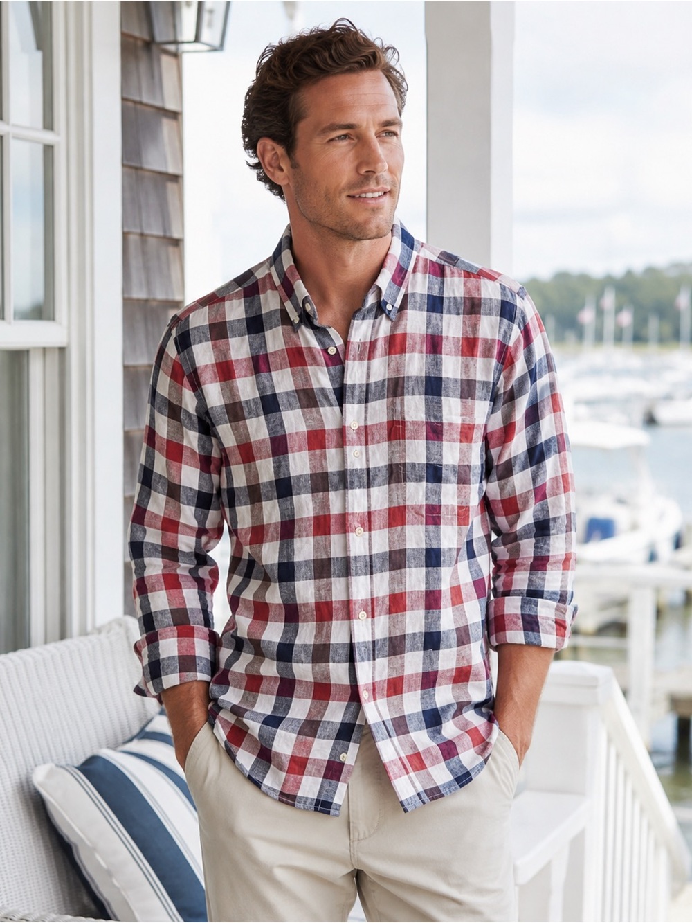 Vince 100% Linen Plaid Button Down Shirt Red Blue White Large Quiet Luxury